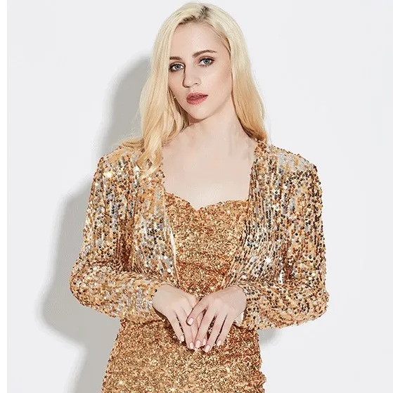 Spring Fashion Women Silver Sequined Coats Solid Open Stitch Long Sleeve Outwears Cardigan Jackets