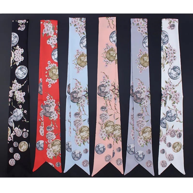 

Floral Double Print Twill Silk Tie Bag Handle Scarf Summer Magic Ribbons Small Neckerchief Female Women Skinny Scarves