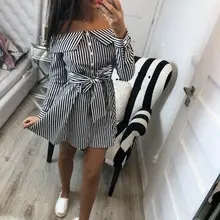 Womens Holiday Off Shoulder Belt Mini Dress Ladies Summer Striped Blouse Dress open shoulder mini vertical striped dress