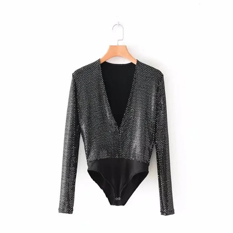 Shiny dot sexy deep v bodysuit women jumpsuit skinny bodysuits long