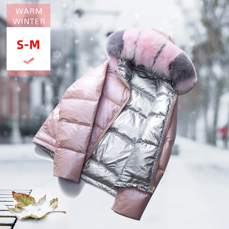 

New Fashion White Duck Down Real Fox Fur Coat Women's Hooded Double Side FeatherCoat Winter Loose Warm Reversible Parka Overcoat