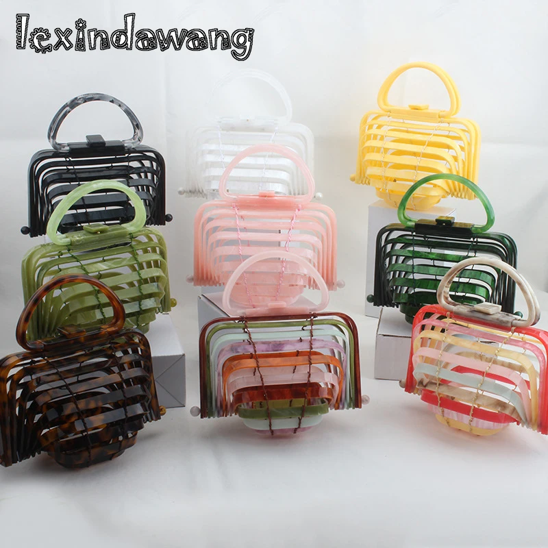 

Acrylic Women Handbags Summer Beach Bags Foldable Basket Bags Rainbow Chic Hollow PVC Lady Handbags Small Mini lantern Pearl Bag