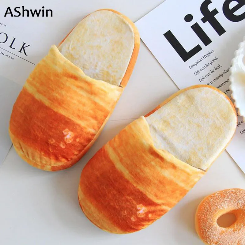 

AShwin stylish slippers winter warm slipper bread pattern thermal cotton slippers shoes creative gift floor flats loafers lovers