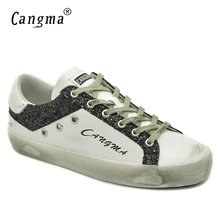 CANGMA/белые кроссовки; женская повседневная обувь; Лидер продаж; Черная блестящая обувь из натуральной кожи на плоской подошве; женская обувь