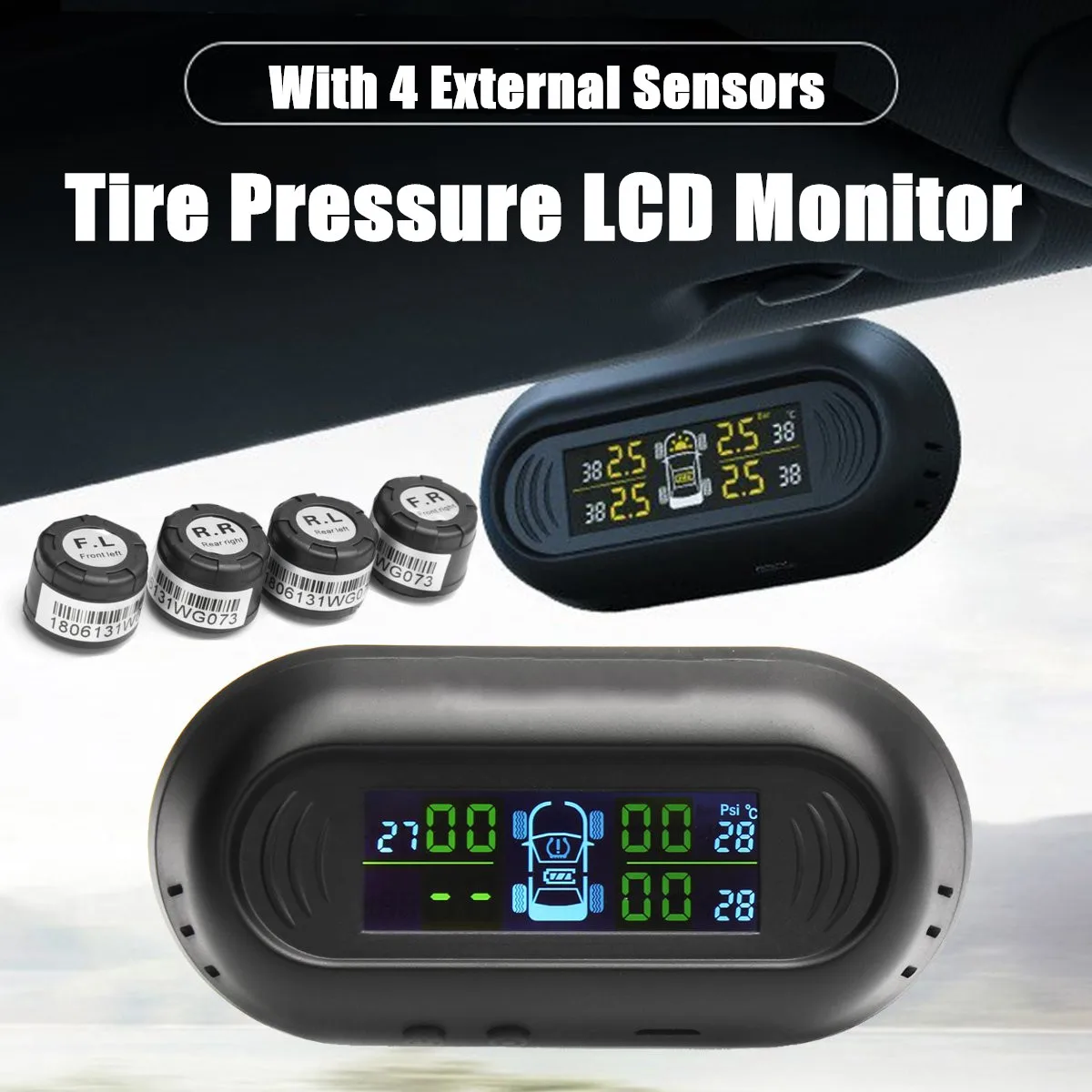 

Solar Wireless LCD TPMS Car Tire Tyre Pressure Monitor System + 4External Sensor