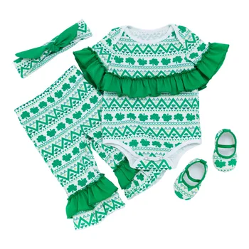 

New Baby Bodysuit Sets with Headband Baby Girl Pants+Shoes St Patrick Day Girls 4pcs Festival Suit Toddler Girls Clothes