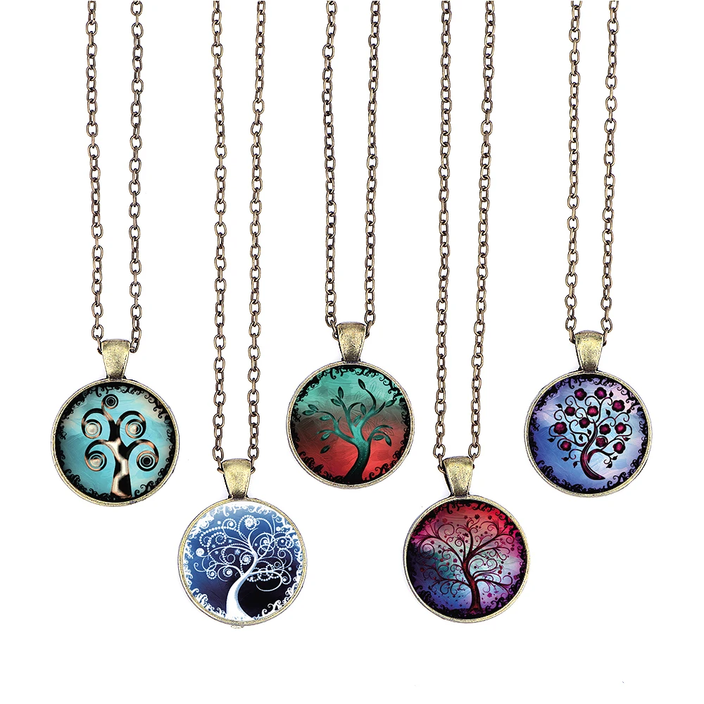 Tree of Life Necklace Magical Tree Glass Cabochon Pendant Vintage Chain