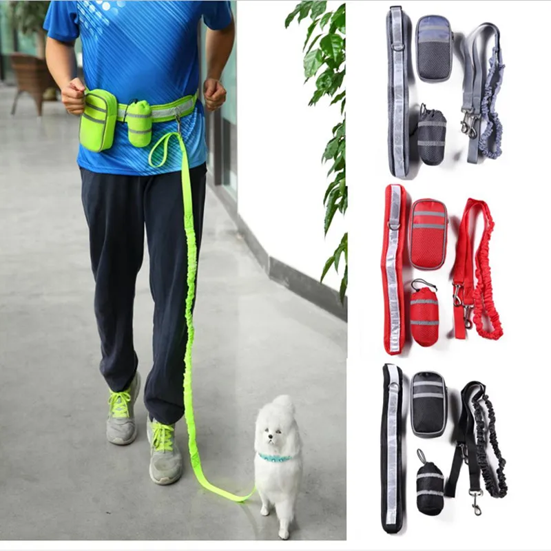 reflective hand free dog Leash Belt with storage pouch Adjustable waist