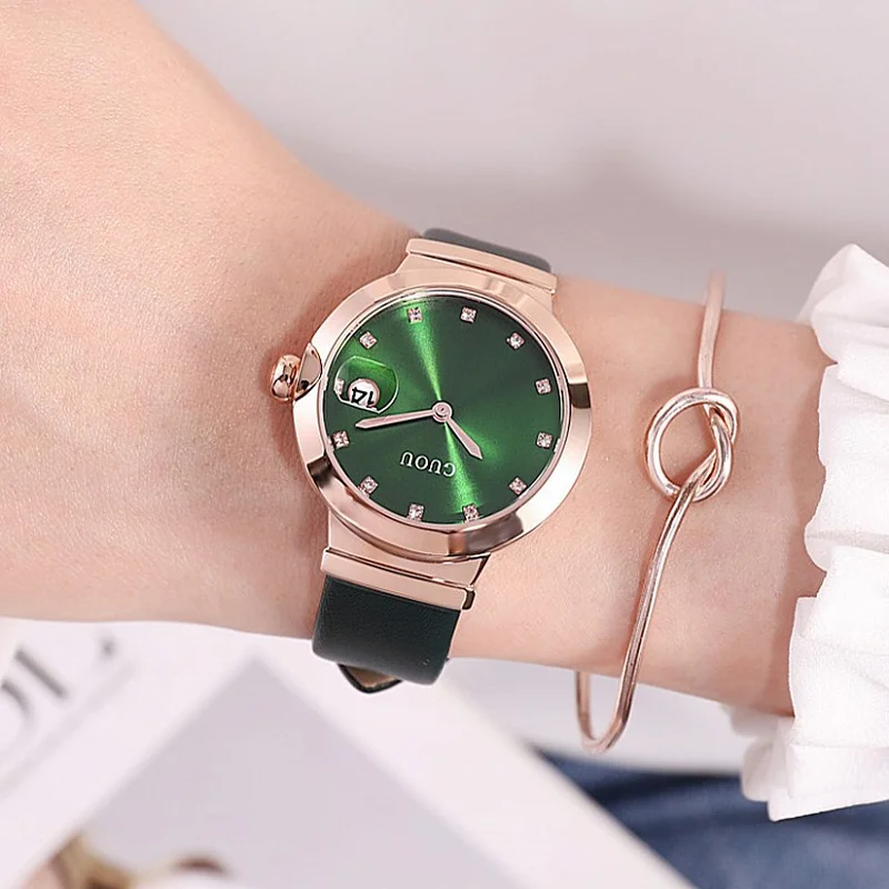 

Personality Rose Gold Case Diamond Dial Ladies Watches Calendar Fashion Green Leather Strap Quartz Women's Watch relojes mujer