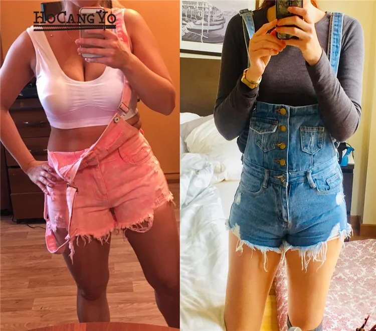2018 spring new hot cowboy bibs low waisted breasted hole Korean fashion strap shorts female (2)