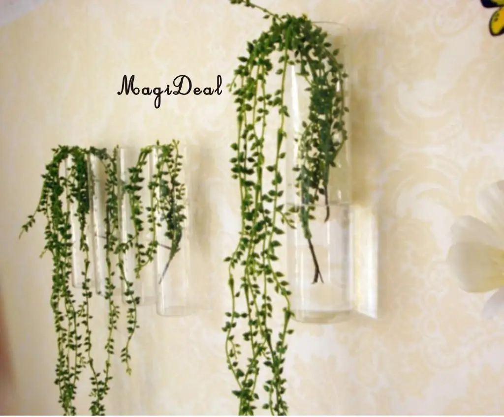 MagiDeal Handmade Cylinder Clear Glass Wall Hanging Vase Bottle for Plant Flower Bedroom Living Room Office Desk Decoration Gift