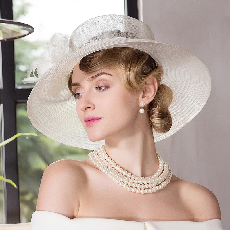 Mujeres blanco Floral Cap verano grande de ala ancha de lino Kentucky Derby sombreros mujeres Iglesia Cap Chapeau Mariage Dame boda Cap b-8156 - 5