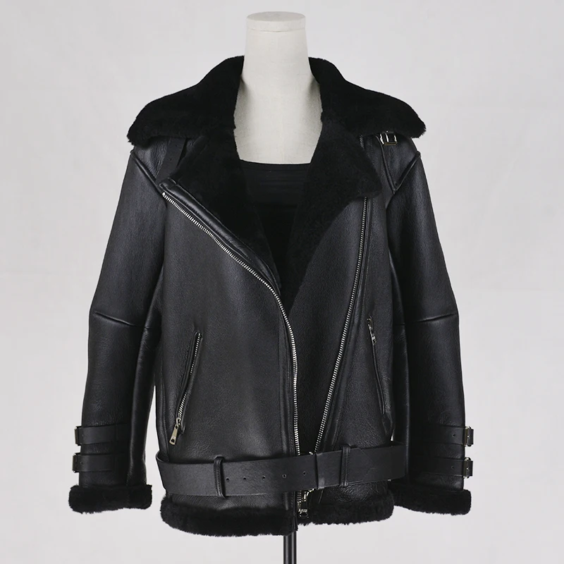 

Women Real Sheep Fur Coat Winter Warm Fashion Sheepskin Leather Bomber Jacket Natural shearling sheep fur coat