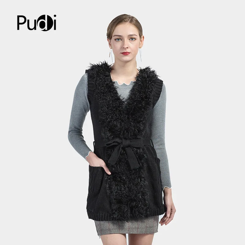 

VT7015 New women knitted vest waistcoat/jackets garment sleeveless gielt with belt Mongolian fur collar
