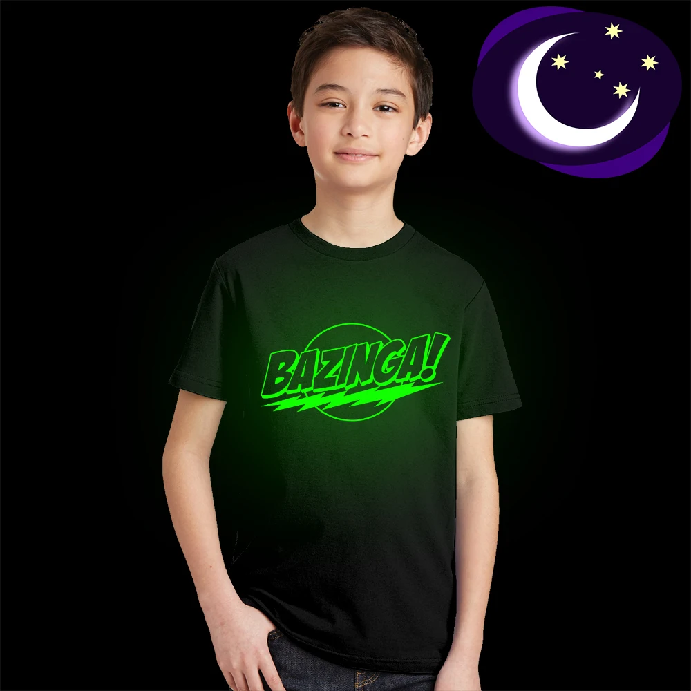 

Luminous Bazinga Logo Children T Shirt Fluorescent The Big Bang Theory Kids T-shirt Glow In Dark Sheldon Cooper Boy Girl Tshirt