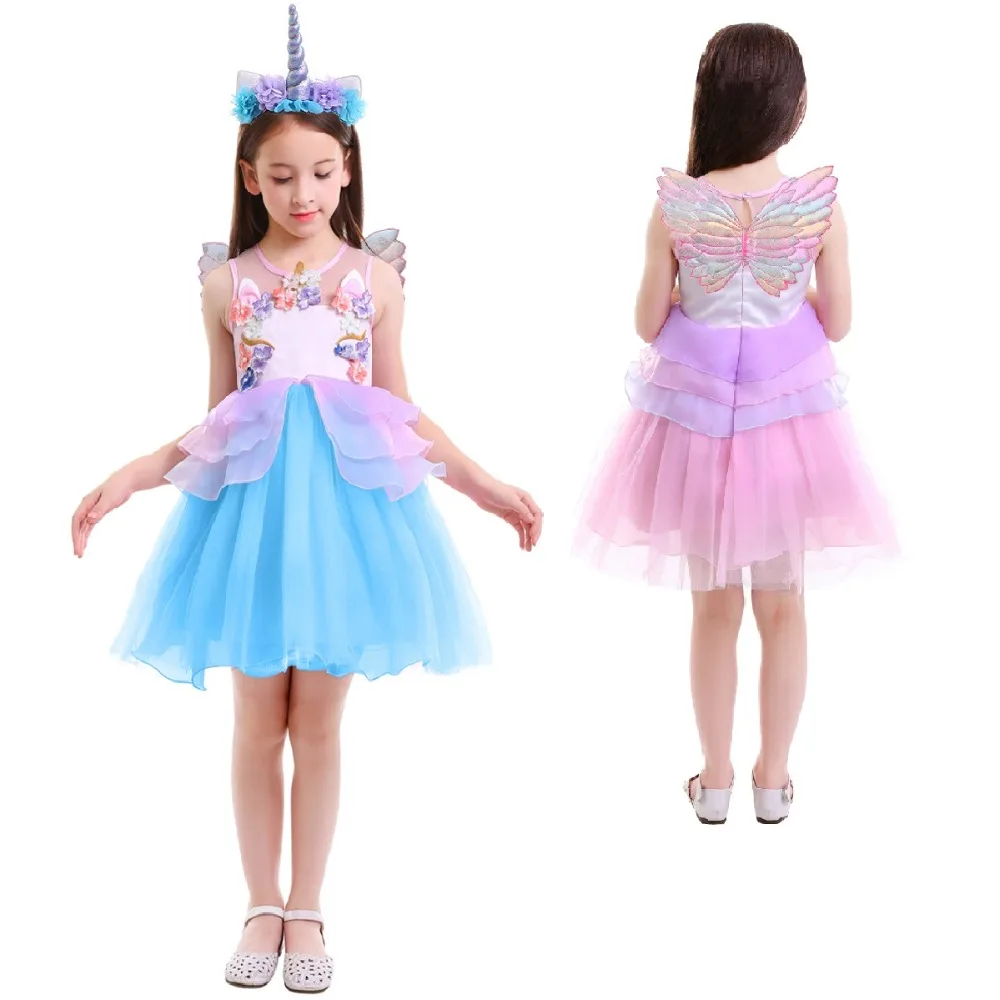 

3pcs Set Flower Unicorn Dress Up for Child Girls Cute Flower Tulle Dress Headband Wings for Kids Birthday Unicorn Cosplay Party