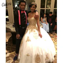 Белое золото Аппликации бальное платье без бретелек Quinceanera корсет платье до пола, Длина сладкий 15 платье длинное платье для выпускного вечера вечерние платья