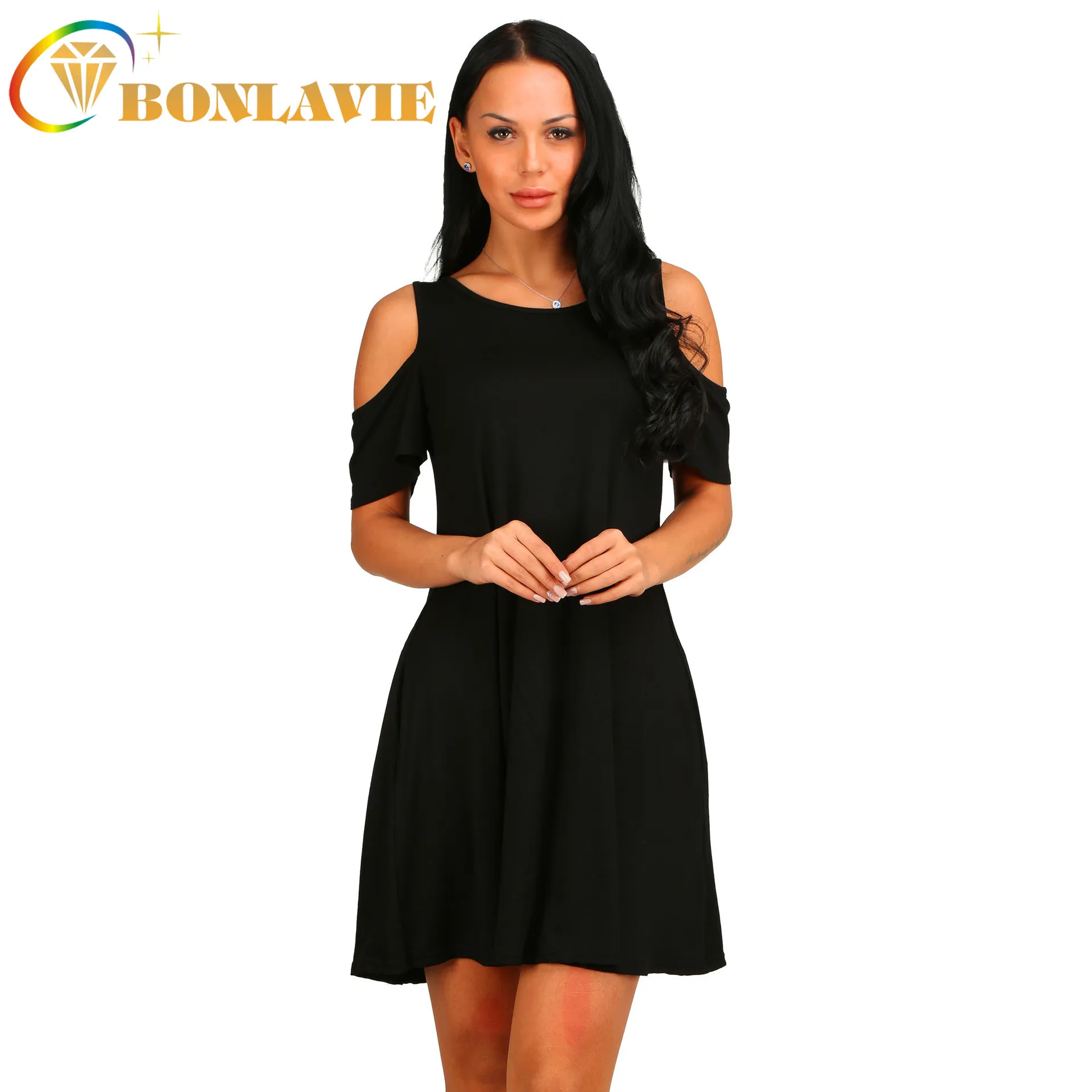 

Women Dress Solid Color Big Hem Waist Short Sleeve Round Collar Simple Style Dress Mid-length White Gray Green Black Brown Color