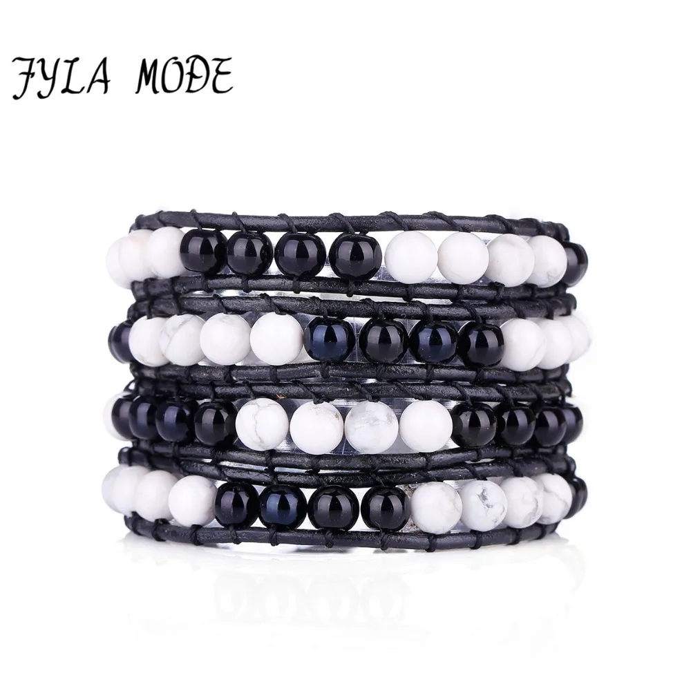 

Fyla Mode Lovely Multilayer 6mm Assorted White And Black Onyx And Howlite Hand Knotted Black Leather Wrap Turquoise Bracelet