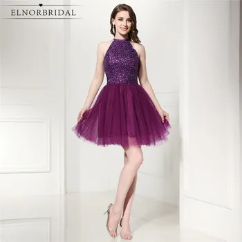 

Sexy Purple Short Prom Dresses 2020 Vestidos De Formatura Curto Beading High Neck Formal Party Dress Cocktail Gowns