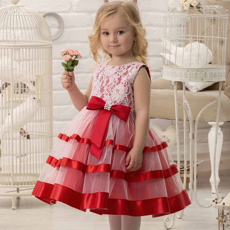 

POSH DREAM Christmas Dress for Baby Girls Red and White Lace Princess Flower Children Wedding Dresses Vintage Kids Girls Dresses