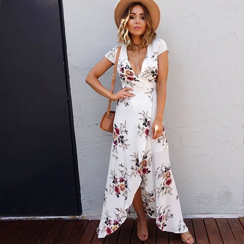 

2019 Hotsale Long Summer Beach Dress Women Sexy Deep V Floral Chiffon Maxi Dress Front Split Bohemian Dresses robe ete