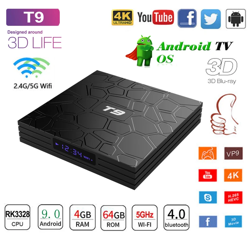 T9 TV Box Android 9.0 Set Top 4GB 64GB RK3328 Quad Core Smart BT4.0 H2.65 4K 2.4GHz/5GHz Dual WIFI Set-top box Media Player | Электроника