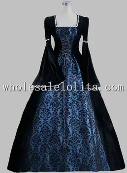 

19th Century Gothic Black and Blue Print Elegant Victorian Ball Gown Historical Halloween Costume