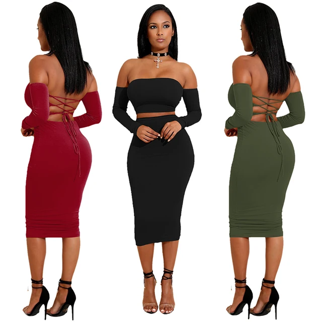 Sexy 2 Piece Sets Slash Neck Lace Up Off Shoulder Short Backless Long Sleeve Bandage Top And Skinny Pencil Skirt Women’s Sets