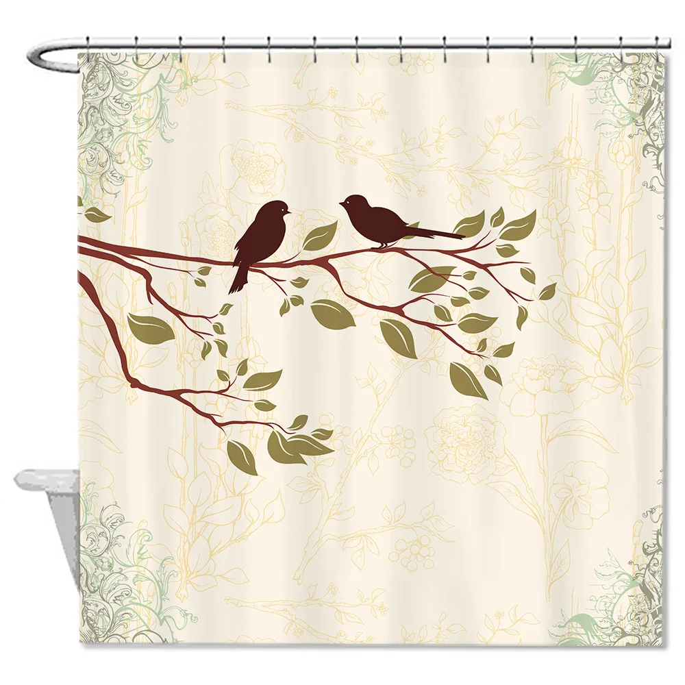 Vintage Cute Birds Waterproof Anti bacterial Bathroom Shower Curtain