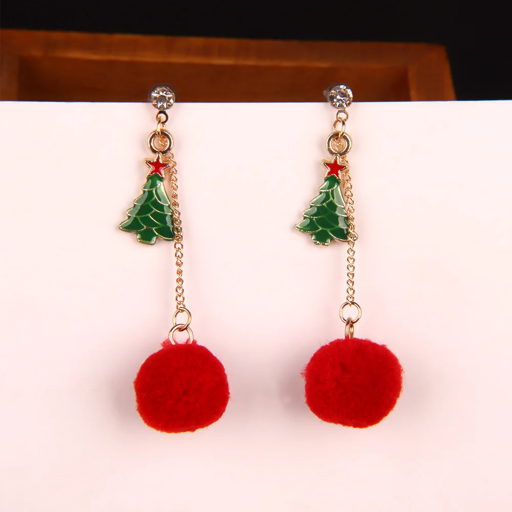 

2019 New 1 Pair Mini Alloy Christmas Tree Hairy Beads Tassel Earrings Female Autumn Winter Dangle Earrings Gift