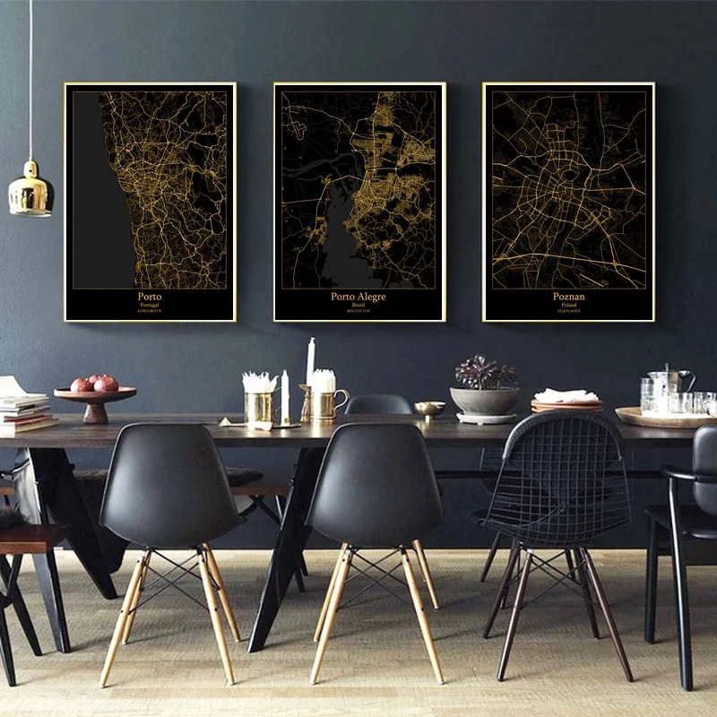 

Porto Portugal,Porto Alegre Brazil,Poznan Poland,Modern City Gold Map Canvas Art Print Home Room Decor Poster