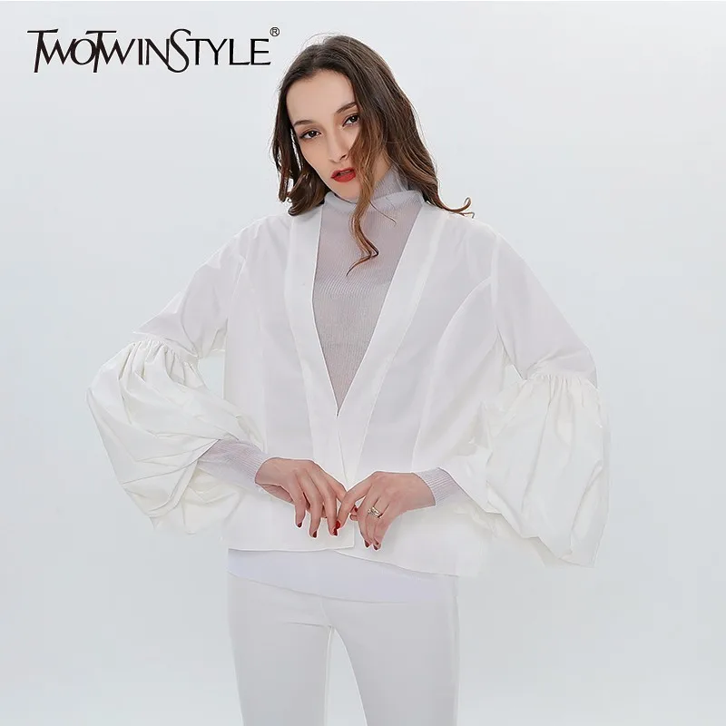 

TWOTWINSTYLE Lantern Sleeve White Shirt Blouse Women V Neck Long Sleeves Shirt Tops Female Casual Korean 2019 Fashion Spring