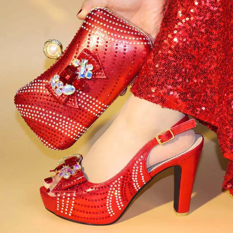 

Red Summer Women Pumps Italian Shoe with Matching Bag Set Decorated with Rhinestone Nigerian Shoes and Matching Bags Party Shoes