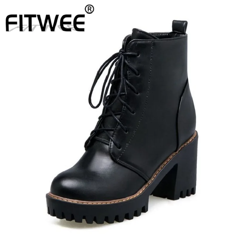 

FITWEE Women Ankle Boots Cross Strap Casual Motorcycles Platform Shoes For Women Winter Square High Heel Boots Size 33-43