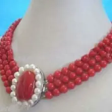 Чудесные счастливые ювелирные изделия красивые 3-strand 8 мм Ожерелье из красного коралла и цветок-застежка Широкий