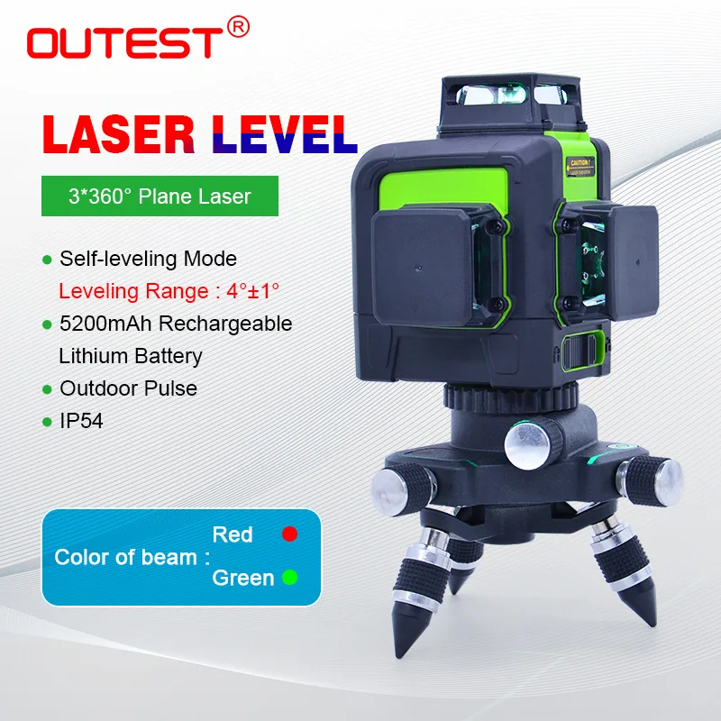 OUTEST Green Laser Level Self-Leveling 360 Horizontal Vertical Laser Beam 2/5/8/12 lines Laser Level 3D 360