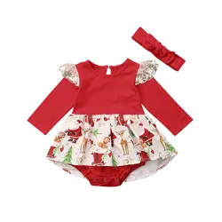 Рождественское милое платье-боди для новорожденных девочек комбинезоны с длинными рукавами и оборками с рисунком оленя боди + повязка на