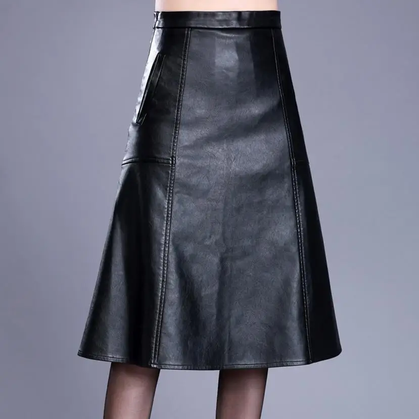 PU Leather Skirt Women Casual A Line high waist knee length Skirts plus