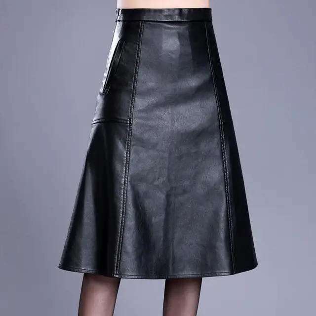 PU Leather Skirt Women Casual A Line high waist knee length Skirts plus ...