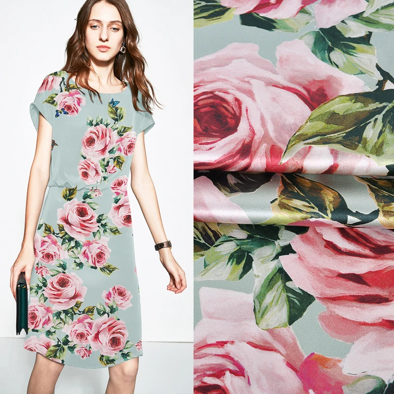 

2019 New Rose and Butterfly Grey Silk Satin Fabric