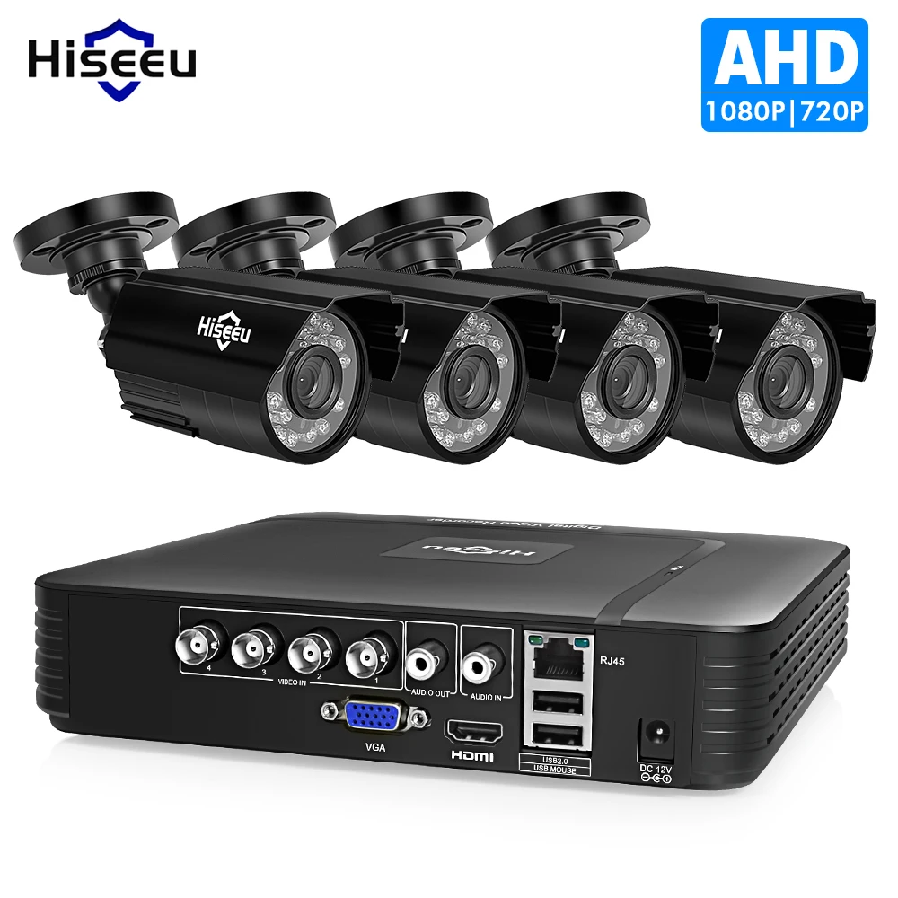  Sistema de cámara CCTV Hiseeu 4CH 720 P/1080 P cámara de seguridad AHD DVR Kit CCTV impermeable par