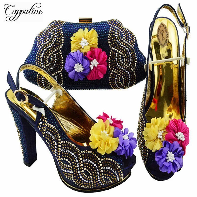 

Capputine African Decorated With Flowers Rhinestone Shoes And Bag Set Italian Style Pumps 11CM Party Shoes And Bag Set JZS-02
