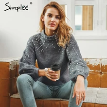 Simplee Mutiara turtleneck musim dingin rajutan sweater Wanita lengan lentera longgar abu-abu pullover perempuan musim gugur kasual jumper Lembut hangat