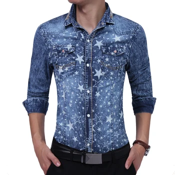 

2018 New Cowboy Men's Shirt Long-sleeved Men Denim Shirt Brand Fashion Denim Shirt Star Pattern Asian Size Blue