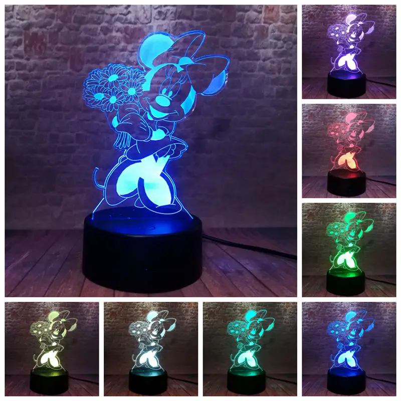 

Luminous Flower Minnie Anime Figurines 3D Nightlight LED 7 Colors Changing Light Mickey Family Minnie Mouse Cartoon Figure Toy