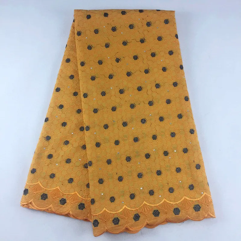 

High Quality African Swiss Cotton Voile Lace Orange Black Shining Yarn 878 5Yds Lot 100% African Cotton Embroidery Lace