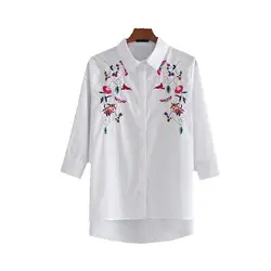 Nsz Для женщин белая рубашка с цветочной вышивкой Летняя блузка отложной воротник Топы свободные blusas Camisas