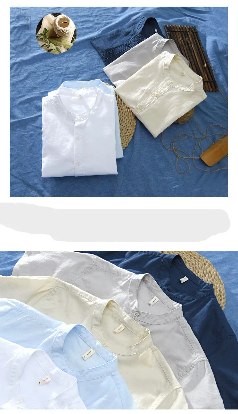 Летняя мужская повседневная рубашка из чистого льна с коротким рукавом, свободная льняная рубашка art-fan, Мужская M-3XL рубашка со стоячим воротником