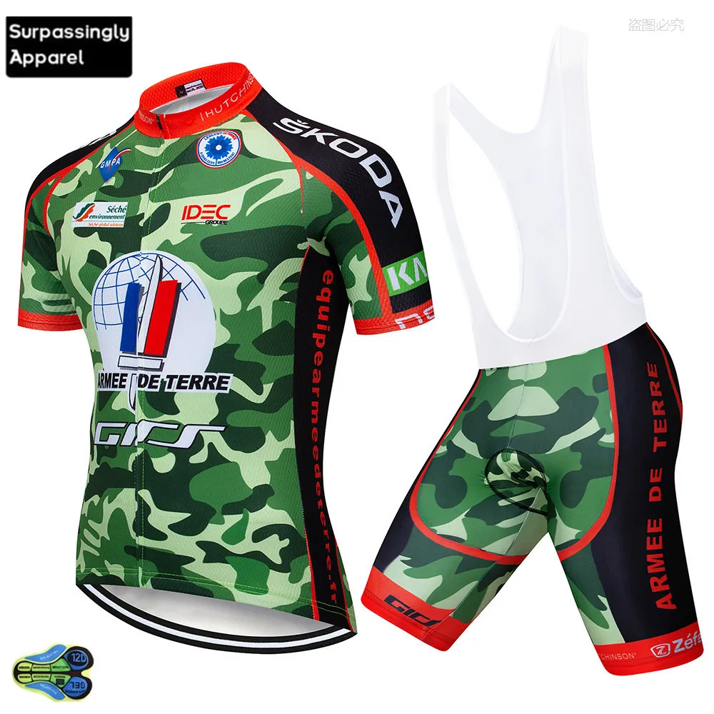 

2019 Pro Team Camouflage Cycling Jersey Sleeve Bicycle Clothing Cycling Sets 12D Cycling Bib Pants Sets Men Green Cycling Wear